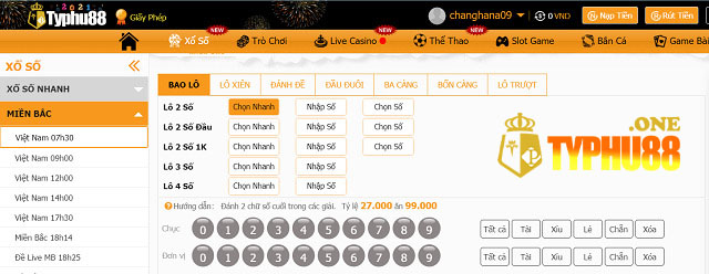 Giao diện cược lô đề tại Typhu88