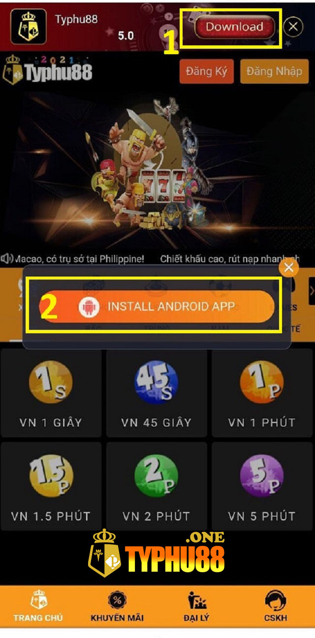 Nhấn Install Android App để tải Typh88 về điện thoại